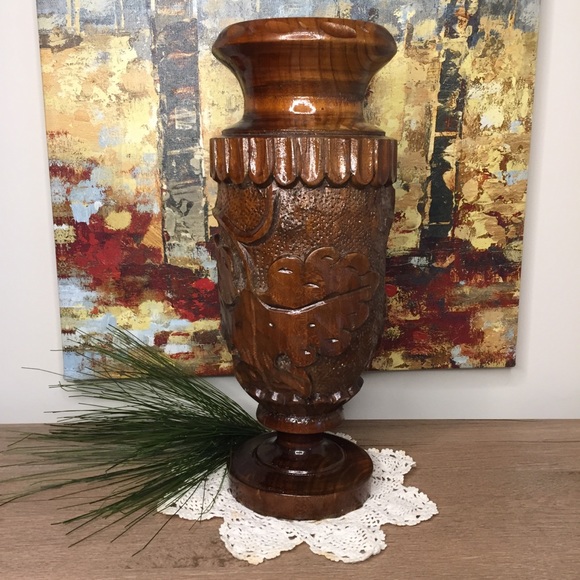 Wood Vase Carved Grape Vine Design